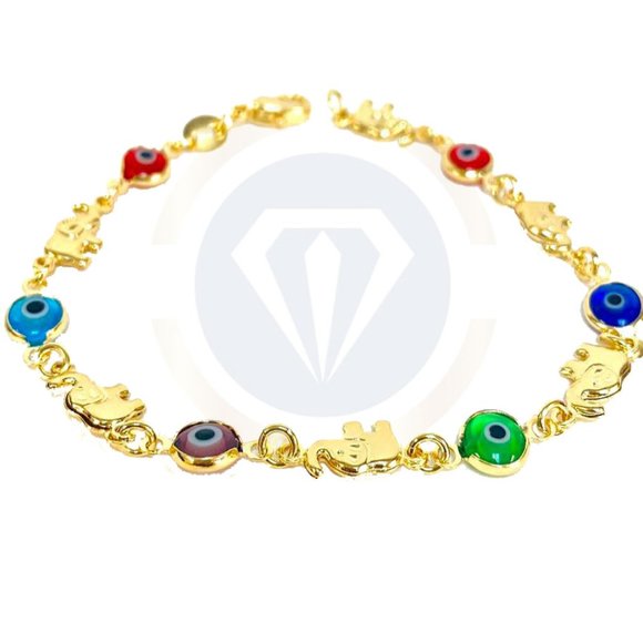14K GF Women's Evil Eye Bracelet/Elephant Bracelet/Pulsera Para Mujer Mal de Ojo - Picture 1 of 6
